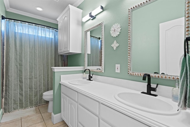 full bath featuring ornamental molding, toilet, tile patterned flooring, and a sink