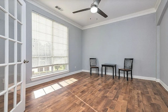 4726 Steeple Chase Ln, Rockwall, TX 75032 - spare room featuring dark wood-style floors, crown molding, and a ceiling fan