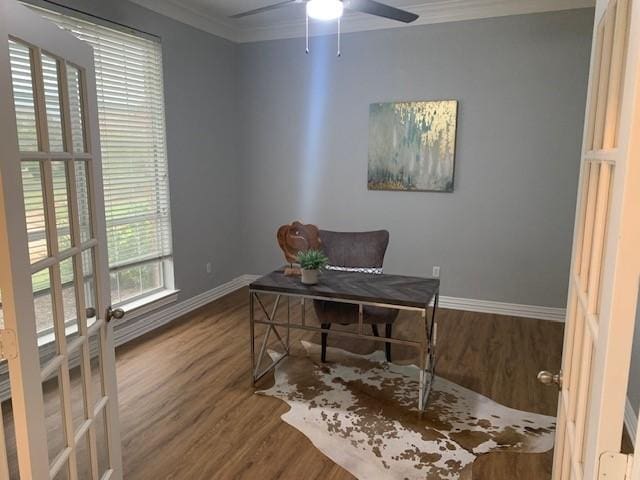 4726 Steeple Chase Ln, Rockwall, TX 75032 - home office featuring crown molding, wood finished floors, and a ceiling fan