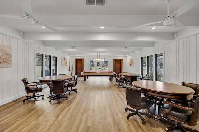 playroom featuring pool table, a ceiling fan, visible vents, beamed ceiling, and light wood-style floors