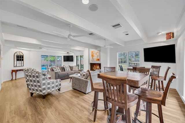dining room featuring beamed ceiling, light wood-type flooring, visible vents, and a ceiling fan