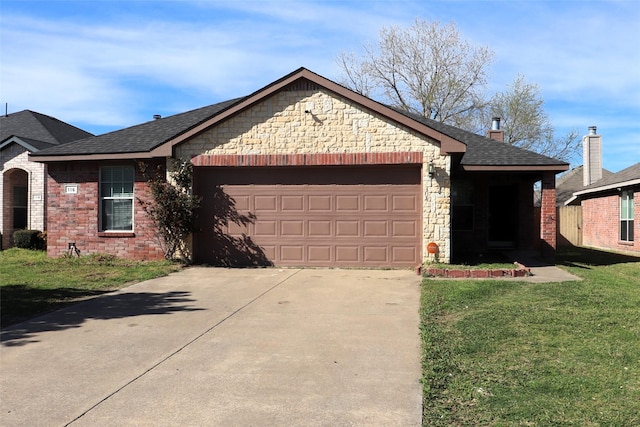 view of front of house with stone siding, an attached garage, a front lawn, roof with shingles, and driveway