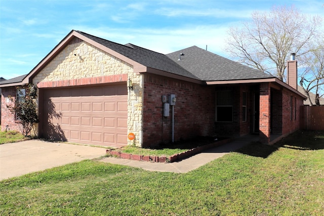 view of front of home with a front lawn, an attached garage, and brick siding