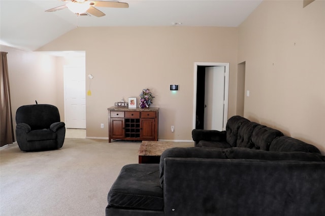 living room with light carpet, baseboards, vaulted ceiling, and ceiling fan