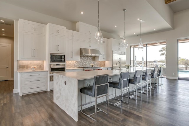 kitchen featuring built in appliances, white cabinets, under cabinet range hood, dark wood-type flooring, and a spacious island