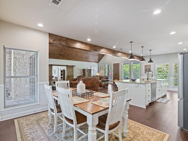 141 County Road 3481, Paradise, TX 76073 - dining space with recessed lighting, visible vents, and vaulted ceiling with beams