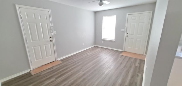 foyer entrance featuring wood finished floors, baseboards, and ceiling fan