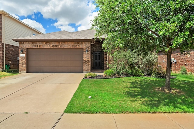 1037 Doe Meadow Dr, Fort Worth, TX 76028 - view of front of house with driveway, an attached garage, brick siding, a front lawn, and a shingled roof