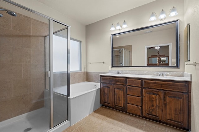 1037 Doe Meadow Dr, Fort Worth, TX 76028 - bathroom with a stall shower, a sink, a garden tub, tile patterned flooring, and double vanity