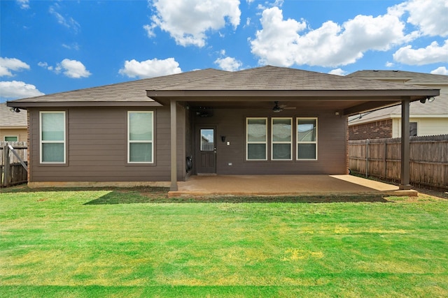 1037 Doe Meadow Dr, Fort Worth, TX 76028 - rear view of house with a ceiling fan, a yard, fence, and a patio area