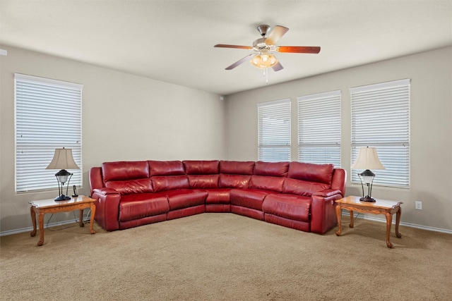 1037 Doe Meadow Dr, Fort Worth, TX 76028 - living area with baseboards, carpet, a ceiling fan, and plenty of natural light