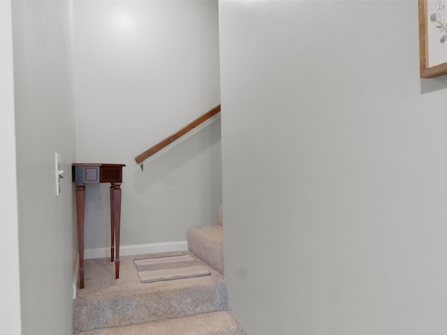 staircase featuring carpet flooring and baseboards