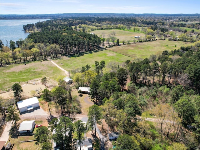 aerial view featuring a water view and a rural view