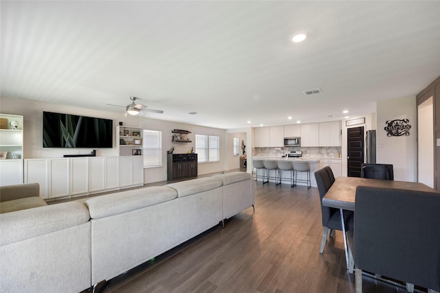 816 Adair Dr, Aubrey, TX 76227 - living room featuring visible vents, ceiling fan, recessed lighting, and dark wood finished floors