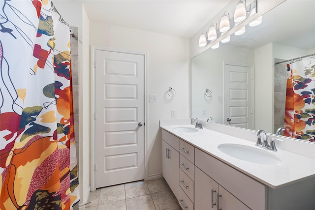 816 Adair Dr, Aubrey, TX 76227 - full bathroom featuring double vanity, a sink, tile patterned flooring, and a shower with curtain