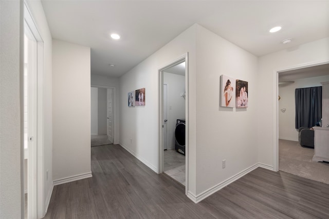 816 Adair Dr, Aubrey, TX 76227 - hall featuring baseboards, washer / dryer, recessed lighting, and dark wood finished floors