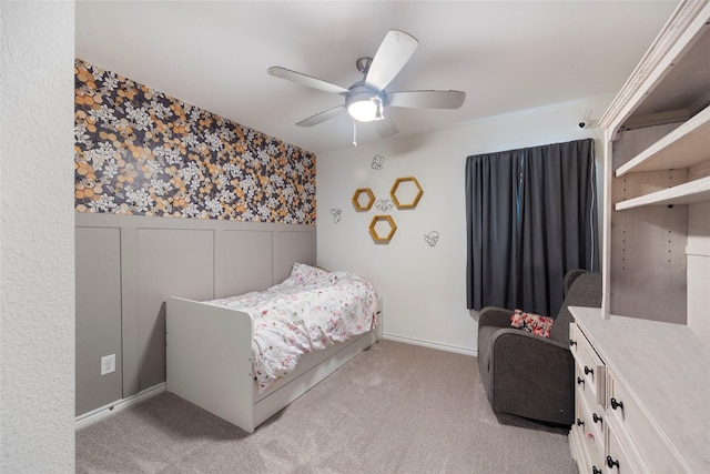 816 Adair Dr, Aubrey, TX 76227 - bedroom featuring wallpapered walls, light colored carpet, ceiling fan, and wainscoting