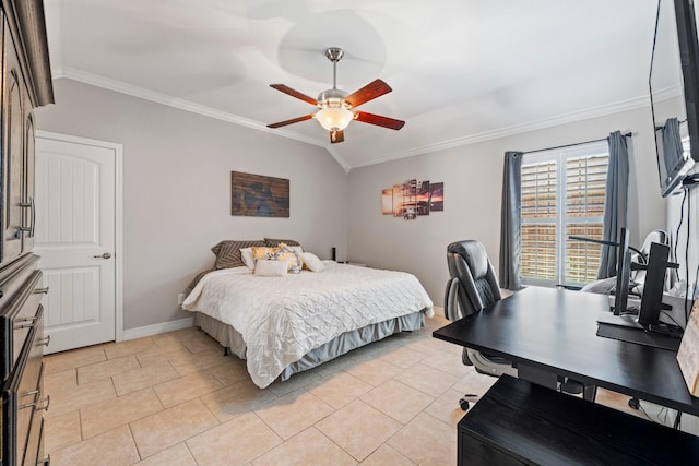 bedroom with baseboards, ornamental molding, vaulted ceiling, and light tile patterned floors
