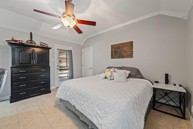 bedroom featuring baseboards, lofted ceiling, ornamental molding, and light tile patterned floors