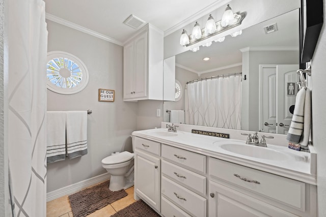 bathroom featuring toilet, ornamental molding, tile patterned floors, a sink, and visible vents
