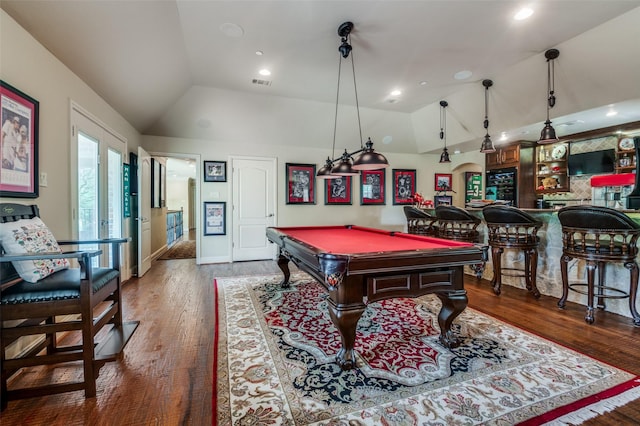 rec room featuring recessed lighting, vaulted ceiling, visible vents, wood finished floors, and pool table