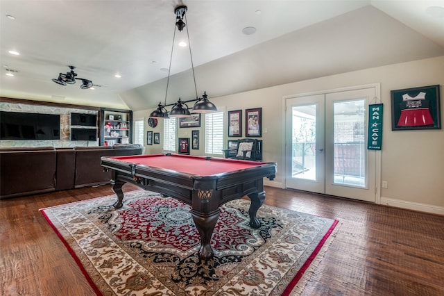 rec room with vaulted ceiling, french doors, pool table, and plenty of natural light