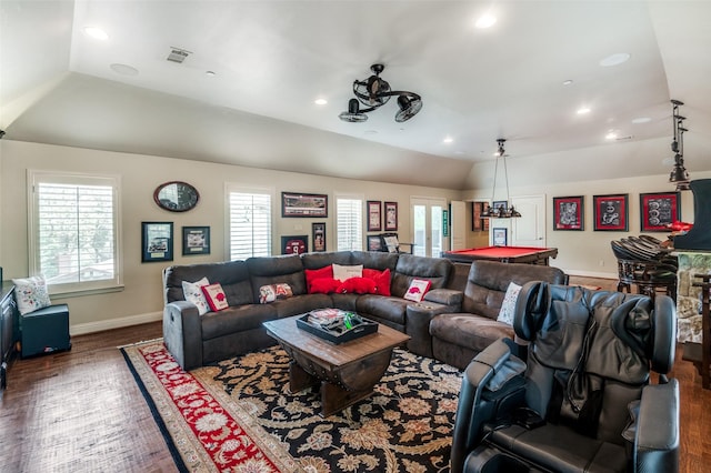 living area featuring vaulted ceiling, baseboards, visible vents, wood finished floors, and pool table