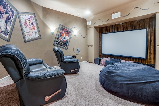 cinema room with carpet, baseboards, and a textured wall