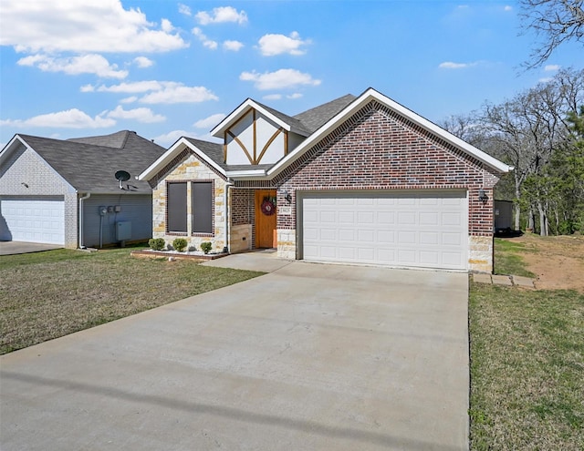 3025 S College Blvd, Denison, TX 75020 - view of front of home featuring stone siding, driveway, a front yard, brick siding, and a garage