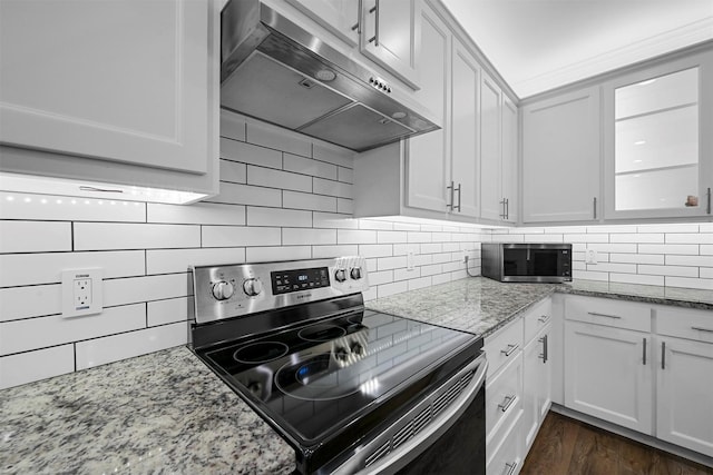 3025 S College Blvd, Denison, TX 75020 - kitchen featuring light stone countertops, appliances with stainless steel finishes, under cabinet range hood, decorative backsplash, and dark wood-style flooring