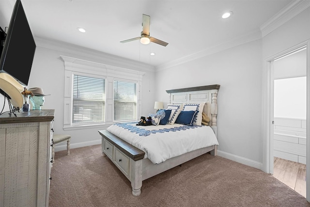 3025 S College Blvd, Denison, TX 75020 - bedroom featuring recessed lighting, ornamental molding, baseboards, a ceiling fan, and light carpet