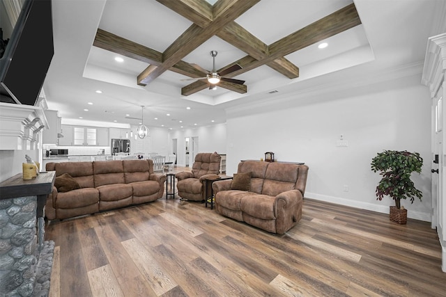 3025 S College Blvd, Denison, TX 75020 - living room with coffered ceiling, dark wood-style floors, baseboards, and a ceiling fan