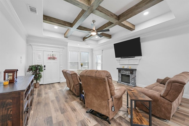 3025 S College Blvd, Denison, TX 75020 - living room with coffered ceiling, light wood finished floors, visible vents, a ceiling fan, and a stone fireplace