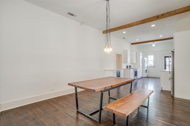 dining space featuring baseboards, dark wood-style floors, visible vents, and beamed ceiling