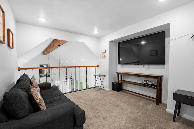 living room featuring carpet flooring, baseboards, and recessed lighting