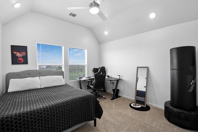 carpeted bedroom with a ceiling fan, baseboards, lofted ceiling, and visible vents