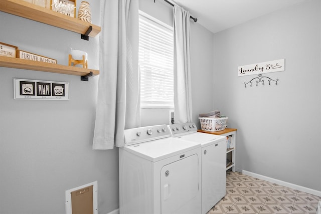 laundry room with baseboards, washer and dryer, laundry area, and light floors