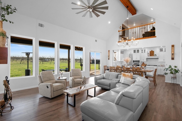 living room featuring a notable chandelier, beam ceiling, baseboards, visible vents, and dark wood-style flooring