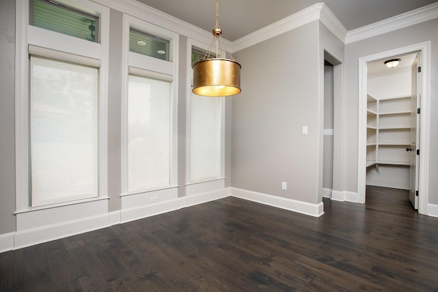 7603 Timber Trl, Tyler, TX 75703 - unfurnished dining area featuring crown molding, dark wood-type flooring, and baseboards