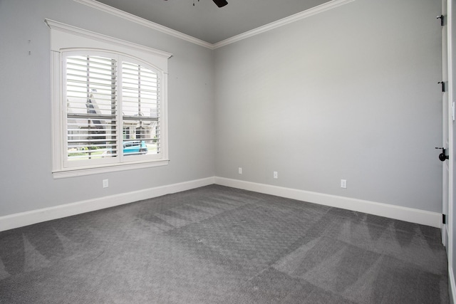 7603 Timber Trl, Tyler, TX 75703 - unfurnished room featuring crown molding, dark colored carpet, a ceiling fan, and baseboards