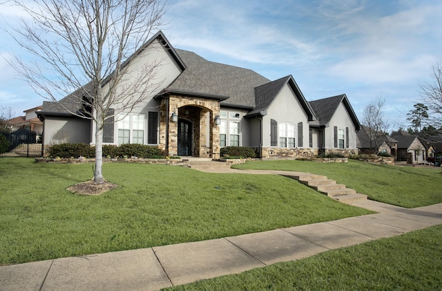 7603 Timber Trl, Tyler, TX 75703 - french country home with stucco siding, stone siding, a front yard, and roof with shingles