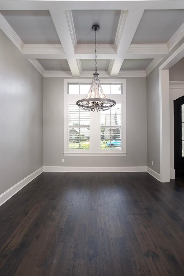 7603 Timber Trl, Tyler, TX 75703 - unfurnished dining area with a chandelier, coffered ceiling, beam ceiling, baseboards, and dark wood-style flooring