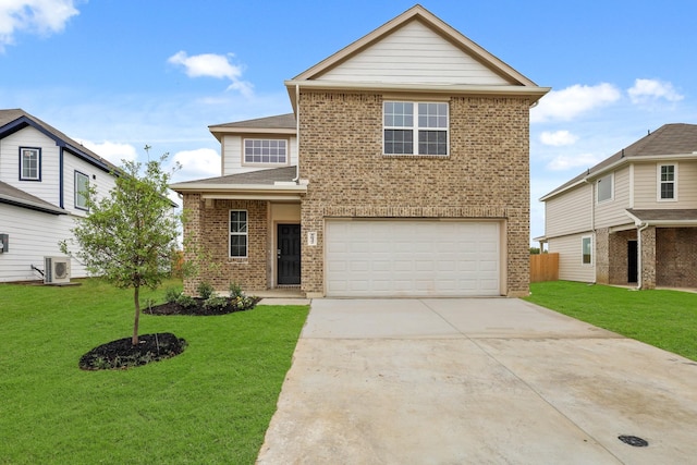 traditional-style home featuring driveway, brick siding, a front lawn, and an attached garage