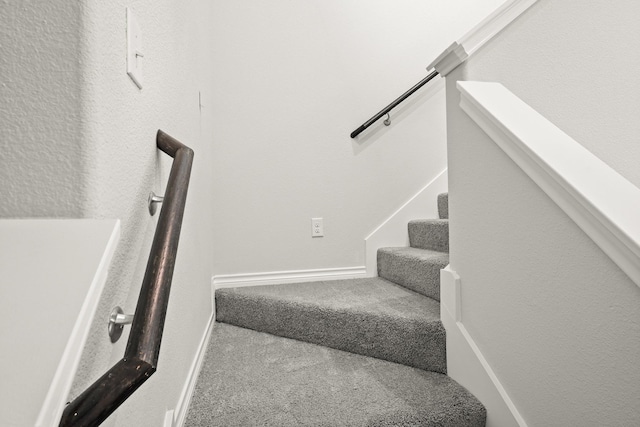 staircase featuring carpet