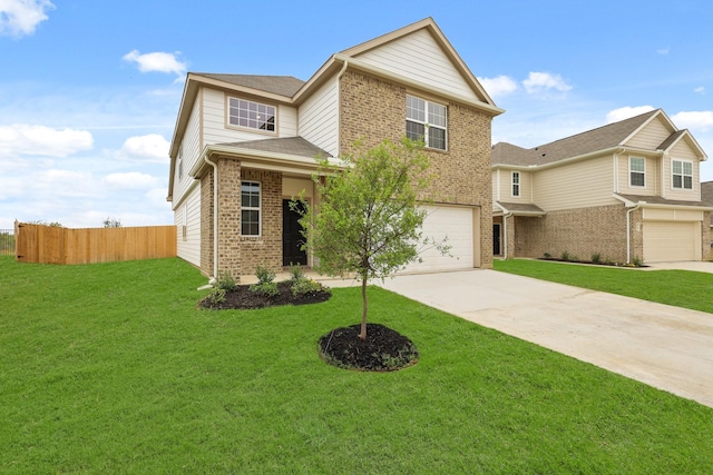 traditional-style home featuring driveway, brick siding, a garage, and fence
