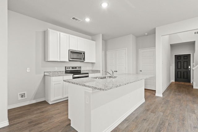 kitchen with visible vents, white cabinets, a sink, and stainless steel appliances