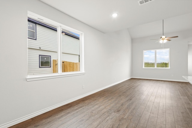 unfurnished room with recessed lighting, baseboards, ceiling fan, and dark wood finished floors