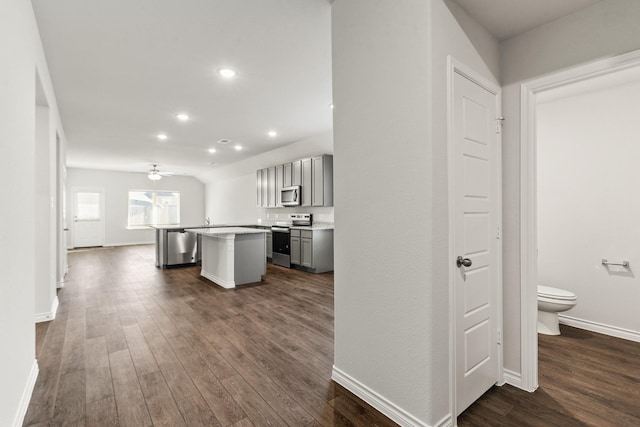 5021 Cervinae Rd, Fort Worth, TX 76036 - kitchen featuring stainless steel appliances, gray cabinets, a center island with sink, dark wood-type flooring, and recessed lighting