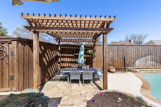 view of patio / terrace with a pergola, a fenced in pool, outdoor dining area, and a fenced backyard
