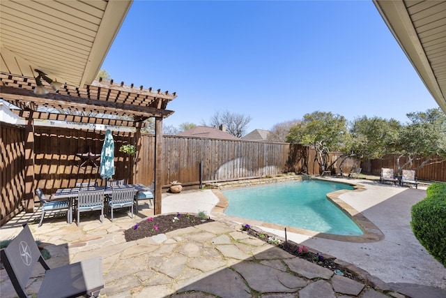 view of swimming pool with a fenced in pool, a fenced backyard, a patio area, and a pergola